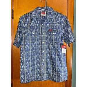 Wrangler Western Shirt Mens S Blue Short Sleeve Button-Up Cactus Print Cowboy